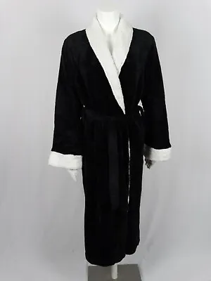 Womens Isotoner Black Robe Super Soft Plush Off-White Trim Warm Spa Bathrobe • $23.97