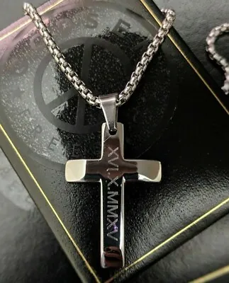 Mens Personalised Cross Necklace Engraved Silver Steel Pendant Protection Gift • £47.99