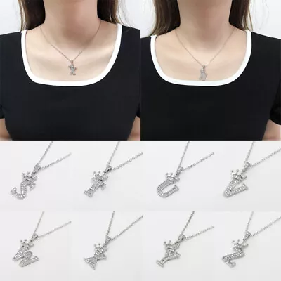 Unisex Crystal A-Z Alphabet Letter Pendant Necklaces Vintage Crown Chain Jewelry • $4.61