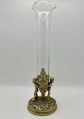 Vintage Tall Hollywood Regency Bud Vase Cherubs Holding Glass Filigree 9” • $59.99