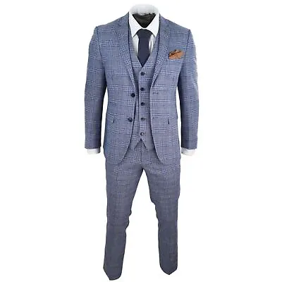 Mens Blue 3 Piece Suit Vintage Navy Tan Check Tailored Fit Classic Gatsby 1920s • $277.90