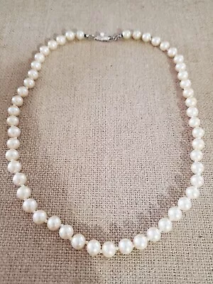 Vintage 19  Glass Faux Pearl Necklace  Hand Knotted 8mm Silver Etched Clasp • $18.95