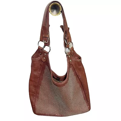 Maurizio Taiuti Brown Leather Handbag Purse Studded 12.5x10.5in Made In Italy • $50.42