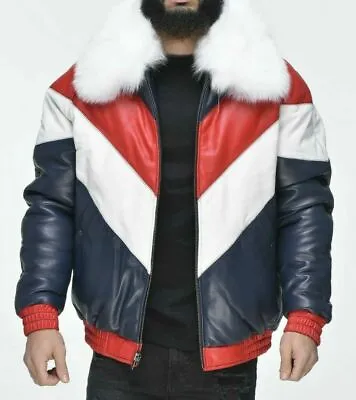 Men's Bubble V Bomber Sheepskin Leather Jacket Faux Fur Collar Multicolored Coat • $175.99