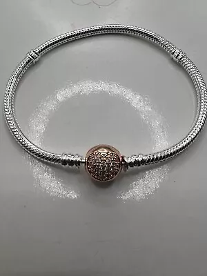 PANDORA Moments Heart Clasp Snake Chain Bracelet Silver / Rose Gold 19cm • £8.95