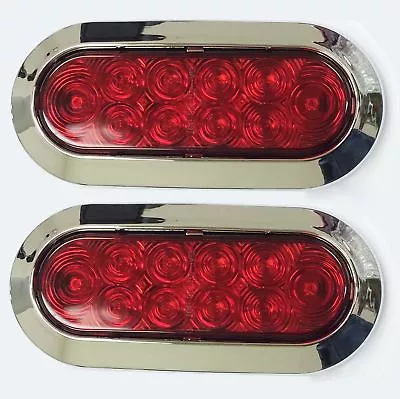 2pcs 6  Oval Chrome Trailer Truck Red 10 LED Surface Mount Stop Turn Tail Lights • $16.99