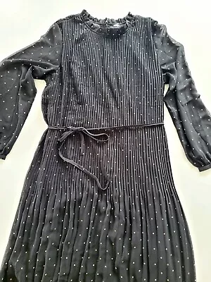 Womens Long Sleeve High Neck Black Polkadot Pleated Maxi Dress Size 14 Good Cond • $14