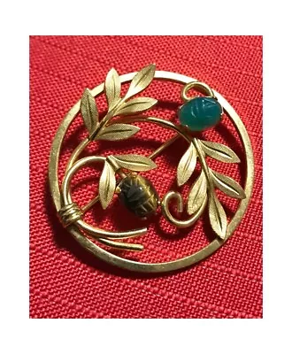 VTG SCARAB GEMSTONE RENEWAL BROOCH PIN 12K GOLD FILLED Van Dell Egyptian Revival • $23