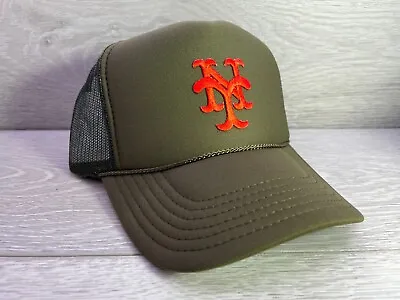 New York Mets Ny Army Green Hat 5 Panel High Crown Trucker Snapback Vintage • $24.95