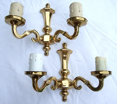Pair Of 2 Arm Brass Wall Lights With Candle Drips For Standard Bayonet Cap Bulb • £45