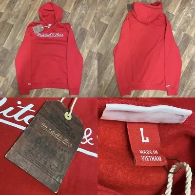 OFFICIAL BNWT Men’s L Mitchell & Ness Red Script Logo Hooded Sweatshirt Hoody • £39.99