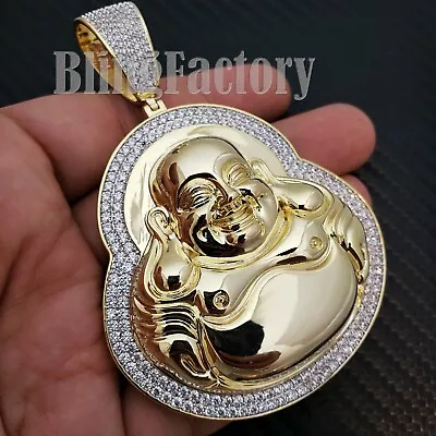 Hip Hop Iced Gold Pt Brass Micro Pave Large Happy Buddha Bling Charm Pendant • $41.99