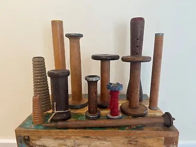 12 Vintage Antique Industrial Textile Mill Wood Spools Spindles Thread Bobbins • $39