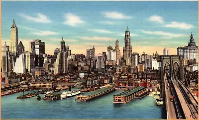 Vintage Post Card Downtown Skyline East River Brooklyn Bridge New York  D153 • $4.89