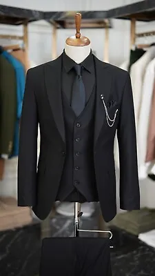 Men's Three Piece Vest Siyah Suit Modern Fit One Button Formal Plain Dress Suit • $129