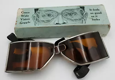 Vtg Amber Glass Motorcycle Goggles Pilot Safety Original Box Cesco Wide Vision • $79.99