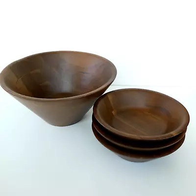 American Walnut Wood Salad Bowl Set 4 Piece Quality Heirloom Ware Vintage • $29.98