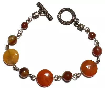 Vintage Jewelry Bracelet Link Glass Bead Orange Copper Tone Toggle 7 • $5