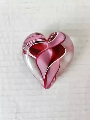 Maslach Pink Heart Red Ribbon White Glass Filigrana Latticino Paperweight • $69