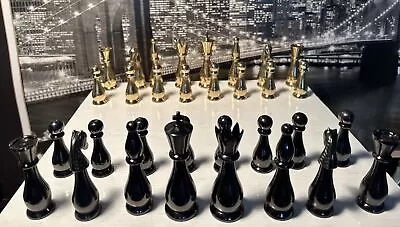 Vintage Heavy Metal Chess Piece Complete Set Gold & Silver Black ~ No Board • $299