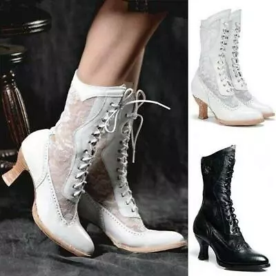 Women Steampunk Lace Boots Cute Block Shoes Lace Up High Heel Boots Victorian • $41.51