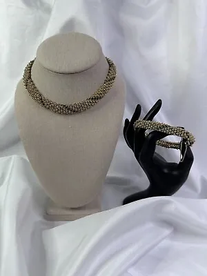 Vtg Ciner Gold Tone Bead Mesh Necklace & Bracelet W/ Green & Clear Rhinestones • $275