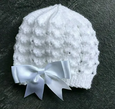 New Hand Knitted White Baby Girl's Beanie Hat With Satin Bow Various Sizes • £4.50