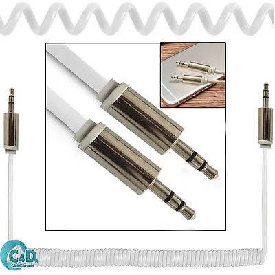 White Coiled 3.5mm AUX Cable Mini Jack Male Audio Auxiliary Lead PC Car MP3 MP4 • £2.85