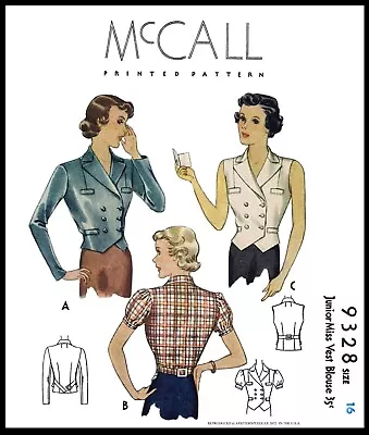 McCALL #9328 Double Breasted VEST Blouse Top Shirt Fabric Sewing Pattern Vintage • $5.99