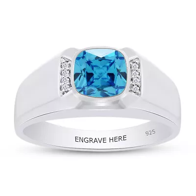 Cushion Simulated Blue-Topaz  Personalised Engravable Men's Band Ring  Silver • $92.38