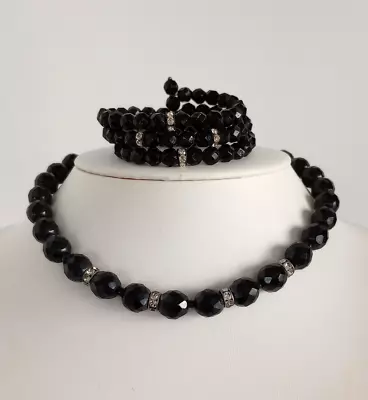 Vintage Faceted Black Glass Beaded Necklace & Bracelet Set 1 Signed West Germany • $15