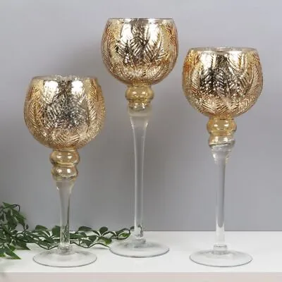SAVE 50%!! Set 3 Silver Gold Foiled Leaf Glass Goblet Candle Tealight Holders • £29.99