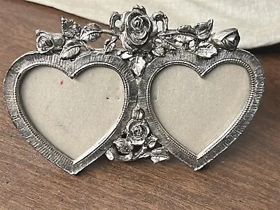 Vintage Double Heart Pewter Picture Frame With Roses • $14.95