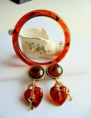 Vintage Faux Tortoise Shell Lucite Puff Heart Clip On Earrings & Bangle Bracelet • $32.99