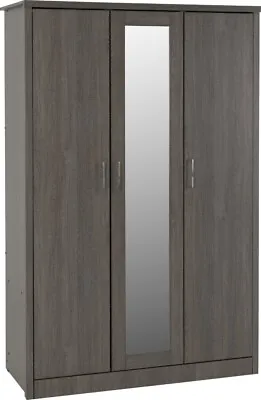 Lisbon 3 Door 1 Drawer Shelved With Mirror Wardrobe In Black Wood Grain Effect  • £286.10