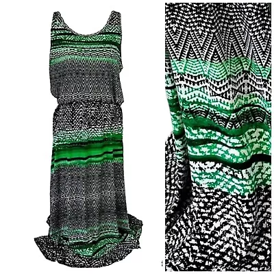 Fever Maxi Dress Womens Medium Sleeveless Side Slit Green Black Stretch Beach • $16.88