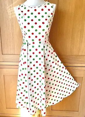 £12 • Buy New Lady Vintage Dress Ivory Green & Red Polka Dots 50s Swing Fit & Flare 10