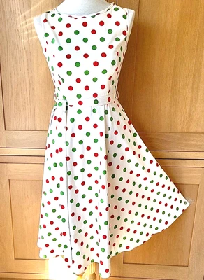 £12 • Buy New Lady Vintage Dress Ivory Green & Red Polka Dots 50s Swing Fit & Flare 10