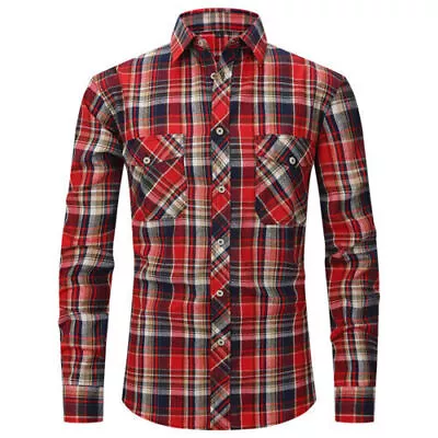 Mens Long Sleeve Checked Work Shirts Casual Slim Fit Plaid Shirt Size S – 2XL • £14.49
