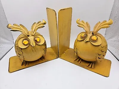 Owl Bookends - MOD Metal Art Owl Bookends Mustard Yellow W/Faceted Jewel Eyes • $29.95