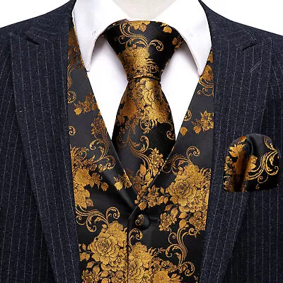 Gold / BLACK Tuxedo Suit Dress Vest Waistcoat Bow Tie Or Necktie And Hankie Set • $16.99