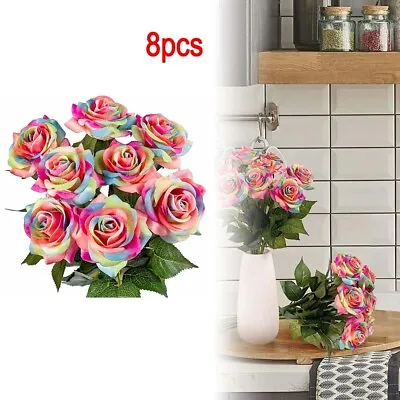 8x Colorful Fake Flowers Bouquet Rainbow Artificial Rose Party Home Decor DIY UK • £11.34