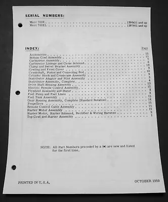 1959 Kiekhaefer Mercury Merc 70 HP 700E & 700EL Parts List Manual Outboard Motor • $15