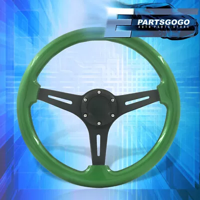 Universal 350mm 14inch Green Wood Black Deep Dish Steering Wheel 6 Bolts Button • $53.99