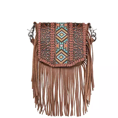 Montana West Genuine Leather Tooled Collection Fringe Crossbody - Brown • $59.99