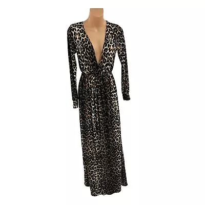 Leopard Print V-neck High Slit Dress Coverup Faux Wrap Xs Sexy Resort Maxi • $26