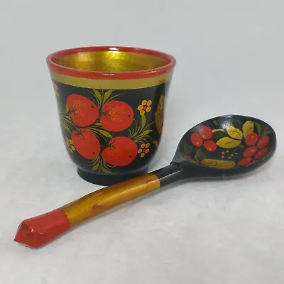 Vintage Russian Khokhloma Hand Painted Wood Cup & Spoon Lot Of 2 • $21.95