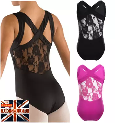 Pink/Black Girls Floral Lace Dance Leotard Gymnastics Cross Over Kids UK SELLER • £11.49