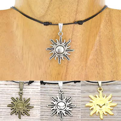£3.99 • Buy Black Leather Cord Choker Necklace Adjustable Knots Charm Pendant Sun