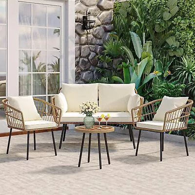 4 Piece Patio Rattan Wicker Furniture Conversation Set Cushioned Sofa And Table • $289.99